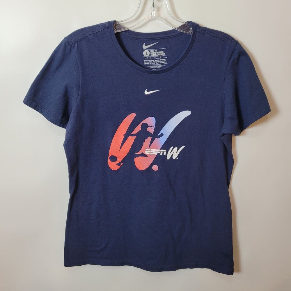 Nike Slim Fit ESPN W Womens T-Shirt Navy Blue L 12-14 Cotton Short Sleeve Sports